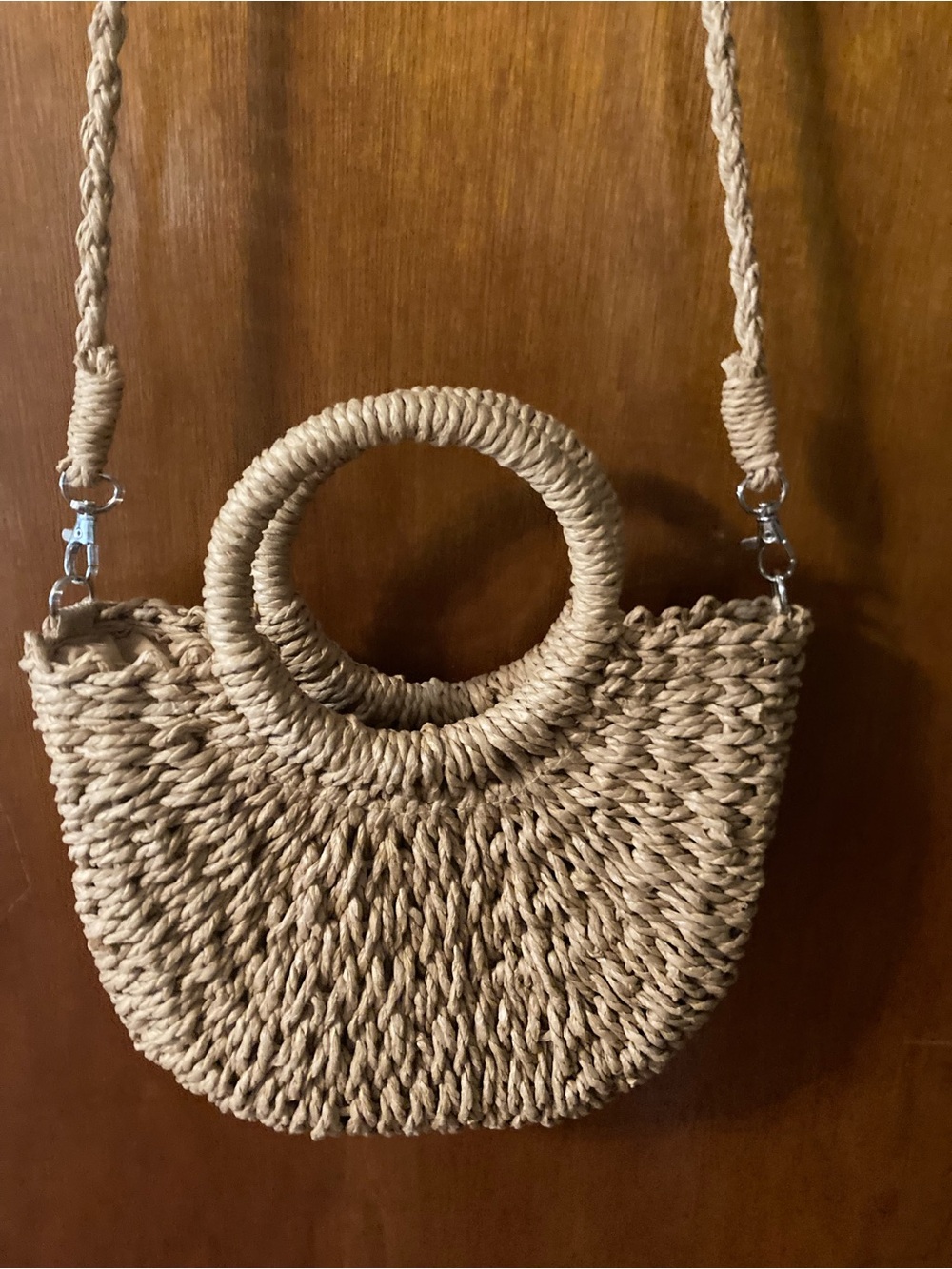 Woven Straw Circle-Handle Crossbody Bag - Natural